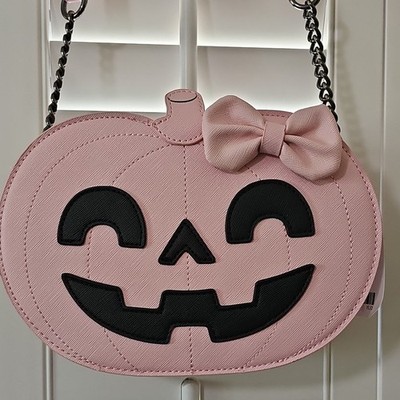 Pink Jack-o'-Lantern Pumpkin Small Crossbody Bag w/ Bow, Zip, Detach Strap