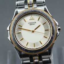 Seiko Credor 9581-6040 Silber 18K Gold Lünette Kombi Armband Quarz 34mm Herren...