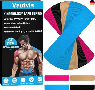 Vautvis Kinesio Tapes, 60 Kinesiologie Tapes Streifen Precut (25 X 5cm),