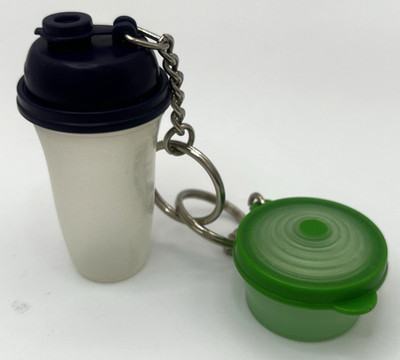 2 Tupperware Mini Key Chain Lot Shaker Mixer Bottle Blue & Stuffables Bowl Green
