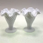 Fenton Milk Glass Hobnail Double Crimped Footed Vases Pair 4"