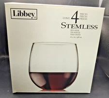 Libbey Stemless Wine Glasses 4 pc Red Wine Round 16.5 oz 3.75" Clear Glass Box