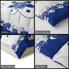 3 Piece Duvet Cover Set Blue White Botanical Floral Print, Heavyweight High