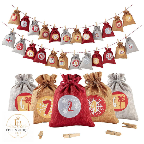 Adventskalender JutesäCkchen 24 Groß SelberfüLlen AufhäNgen GeschenksäCkchen Rot-image