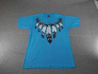 Vintage Native American Shirt Mens Medium Blue Feather Necklace Aztec 90s USA