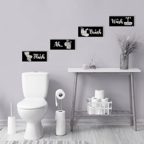 4 Pcs Bathroom Decor Funny And Black Wall Art Wooden 10 X 4 Inch Silver