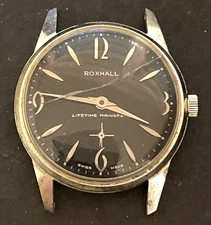 Vintage Roxall Men's Watch Parts/Repair 33mm Silver Case Black Dial Swiss