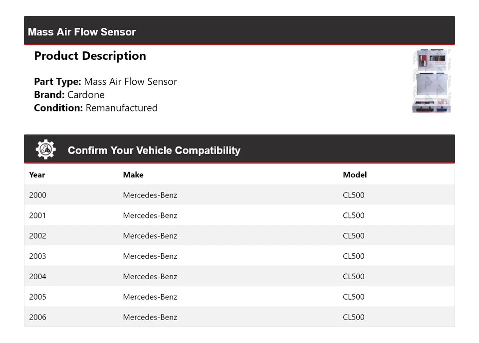 Sensor de flujo de aire másico cardone 2001 2002 2003 para Mercedes-Benz CL500 2000-2006 Foto 2 de 4