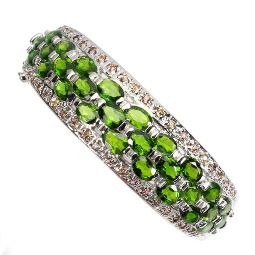 Unheated Oval Chrome Diopside Sapphire Diamond Cut 925 Sterling Silver Bangle - Picture 1 of 9