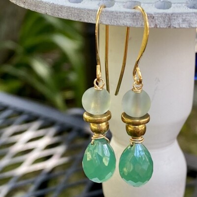 Min Favorit Mystic Green Onyx & Seafoam Sea Glass Gold Artisan Drop Earrings
