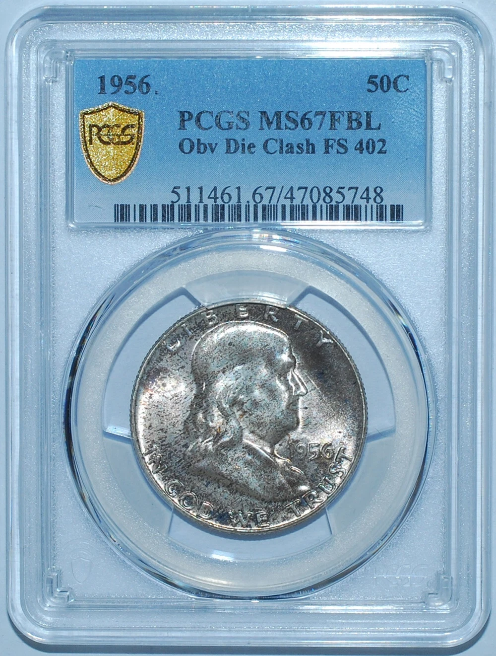 1956 PCGS MS67FBL FS-402 Obverse Die Clash Full Lines Franklin Half Dollar