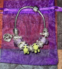 7 1/2 In Adorable Silver Plated Turtle Bracelet w/ 925 Italian Murano Charms