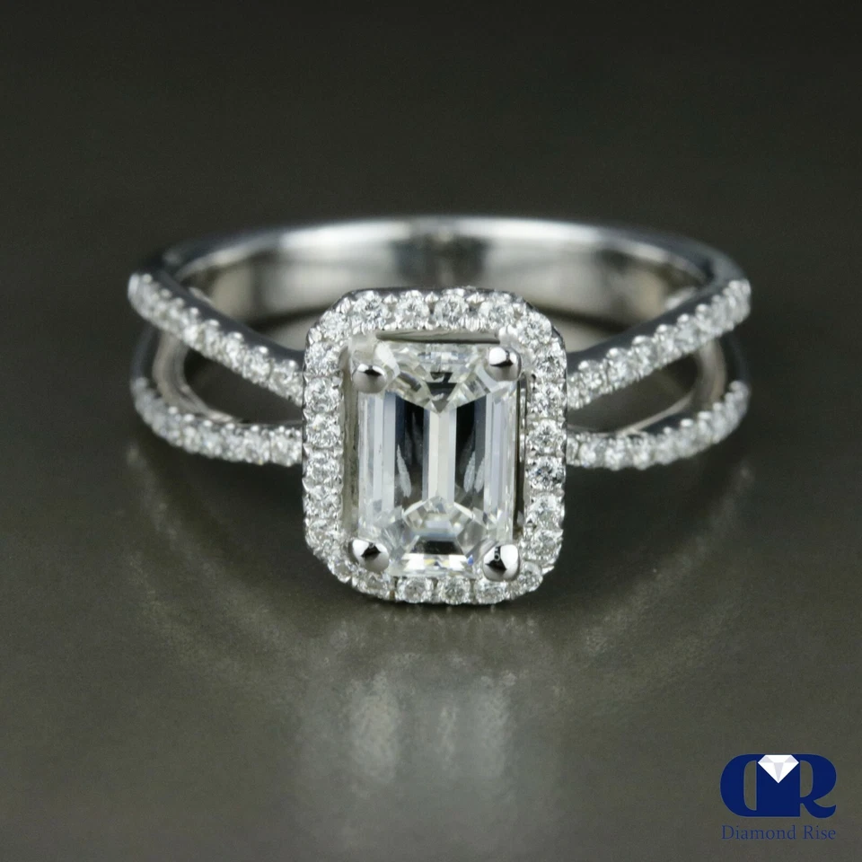 1.68 Carat Emerald Cut Diamond Halo Split Shank Engagement Ring 18K White Gold - Image 3 of 4