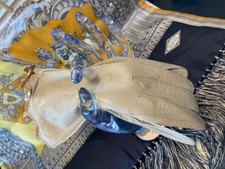 Christian Dior Sz 7 Kid Gloves Dove Grey with Brown Trim Made in France 1950's