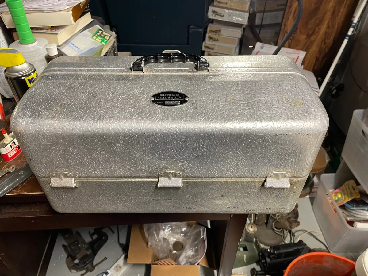 Vintage UMCO 1000 S Aluminum 7 Tray Folding Tackle Box with some Lures