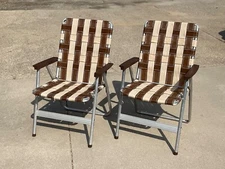 MATCHED PAIR HIGH BACK FOLDING ALUMINUM WEBBED LAWN CHAIRS, BROWN & TAN