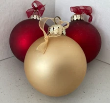 (Set of 3) Frontgate 4" Glass Red & Gold Round Christmas Ornaments