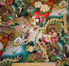 Cotton Fabric By Yard Imperial Robert Kaufman Floral Green Metallic Gold Vtg A