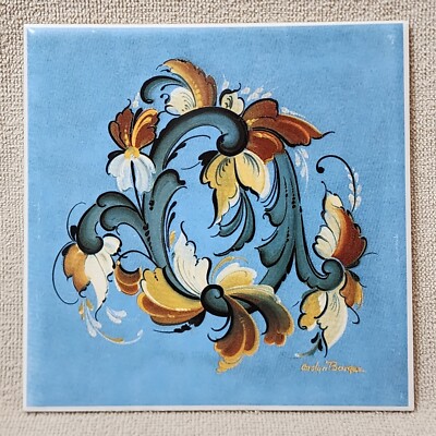 1983 Carolyn Borgen Norwegian Rosemaling Tile Trivet 638 Metropolitan Federal 6''