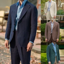 Linen Men's Suits Single Breasted Summer Casual Business Wedding Groom Blazer