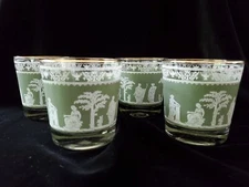 Jeanette Hellenic Green Lowball Glasses. Set of 4. 3 1/8" x 3 3/4". Vintage