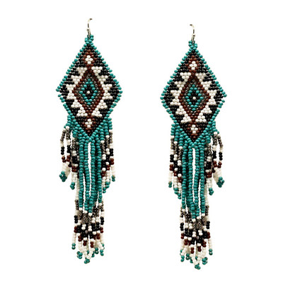 Beaded Aztec Pattern Tassel Drop Earrings Teal Black Brown Handmade