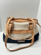 Stone Mountain Canvas Faux Leather Satchel Beige Navy Blue Shoulder Bag