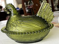 Vintage Indiana Pressed Glass Green Hen On A Nest Chicken Covered Candy dish