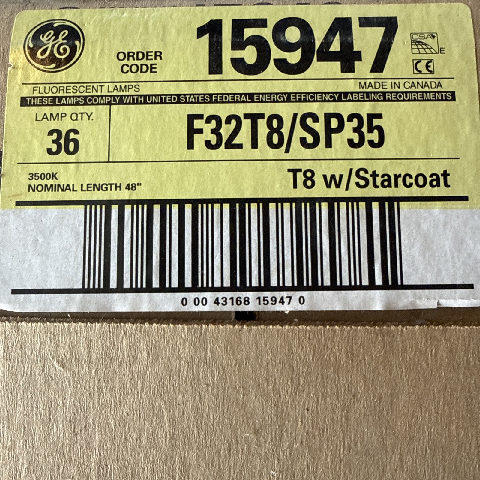 NEW GE FLUORESCENT TUBE LIGHT BULB LAMPS F32T8/SP35 CASE (36) 32W 4ft 48" 15947