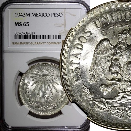 Mexico ESTADOS UNIDOS MEXICANOS Silver 1943 M Peso NGC MS65 GEM BU KM# 455 (7)