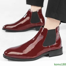 men's High Top pull on Chelsea boots Patent Leather Ankle Boots Dress Shoes