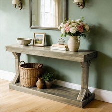 Taupe Console Table Solid Wood Waxed Shelf Storage Living Room Hallway Furniture