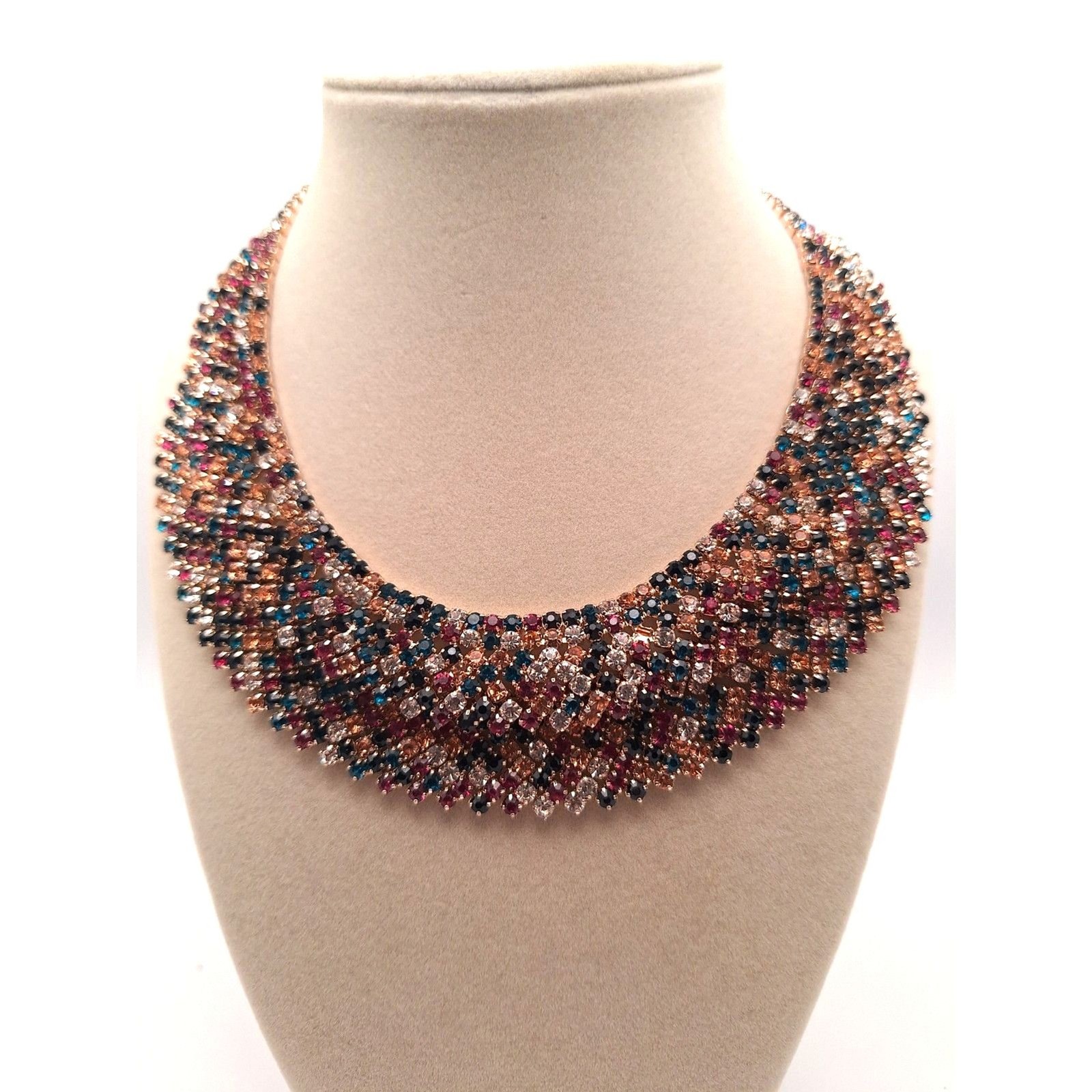 Multicolor rhinestone collar necklace in a rose tone setting