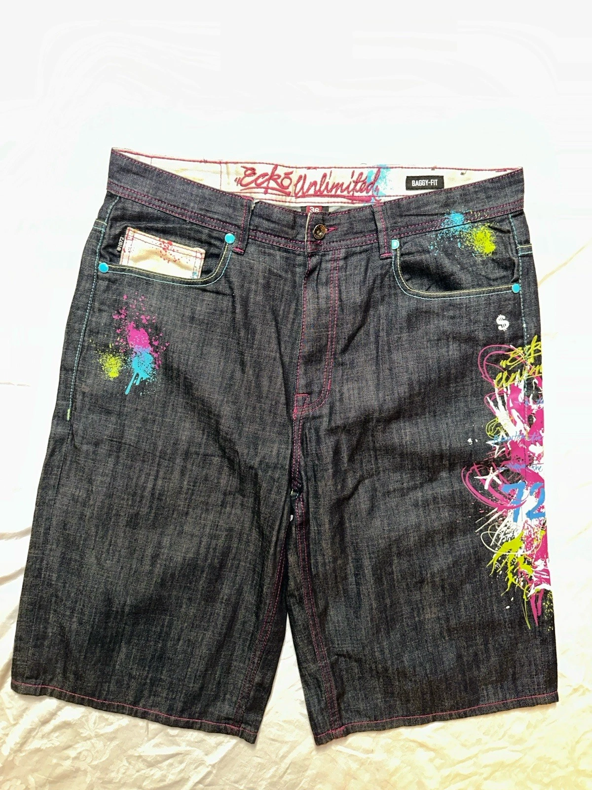 Ecko Jean Denim Shorts Men’s 36 Jorts Embroidery Graffiti Hip Hop Y2K Jeans 90s