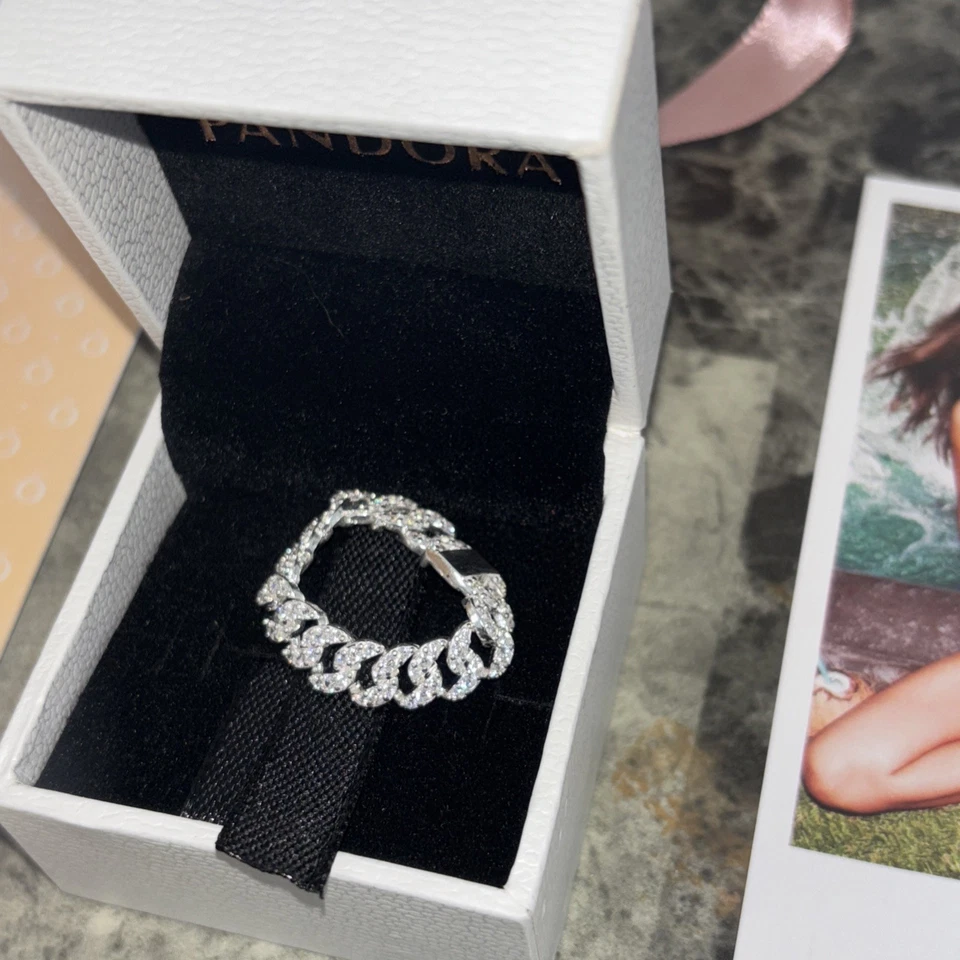 Anillo Cadena Cubana Pavé Plata Pandora Genuino Talla 9 #193557C01 Foto 2 de 4
