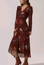 ASTR The Label Dress L The High-Low Red Floral Ruched Midi Maxi Asymmetric Hem