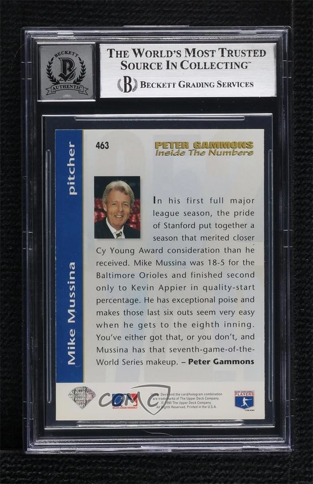 BAS 1993 Upper Deck Mike Mussina #463 BGS Authentic Auto HOF - Image 2 of 2