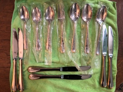 GORHAM 24K GOLD Spoons Knives Fork Ribbon Edge Glossy Stainless Dinner Flatware