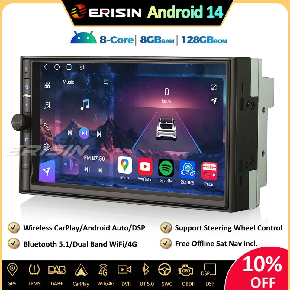 8-Core 128GB Universal 2 DIN Android 14 Autoradio GPS CarPlay WiFi DSP DAB+ OBD2 - Immagine 2 di 4