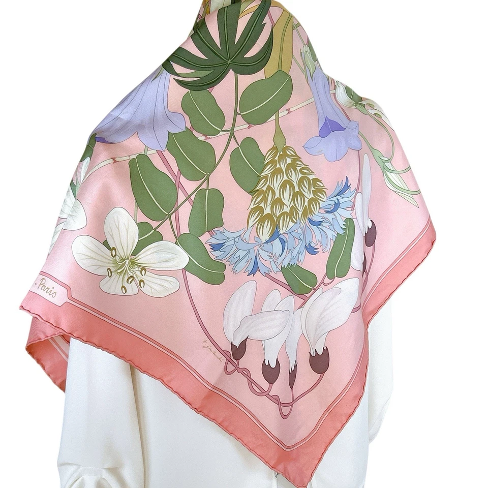 Vintage HERMES Carre 90 Silk Scarf "Flora Graeca" Seibu 50th Anniv. Pink Used - Image 4 of 4
