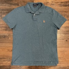 Polo Ralph Lauren Custom Slim Fit Men Polo Shirt M Blue Stretch Mesh Orange Pony
