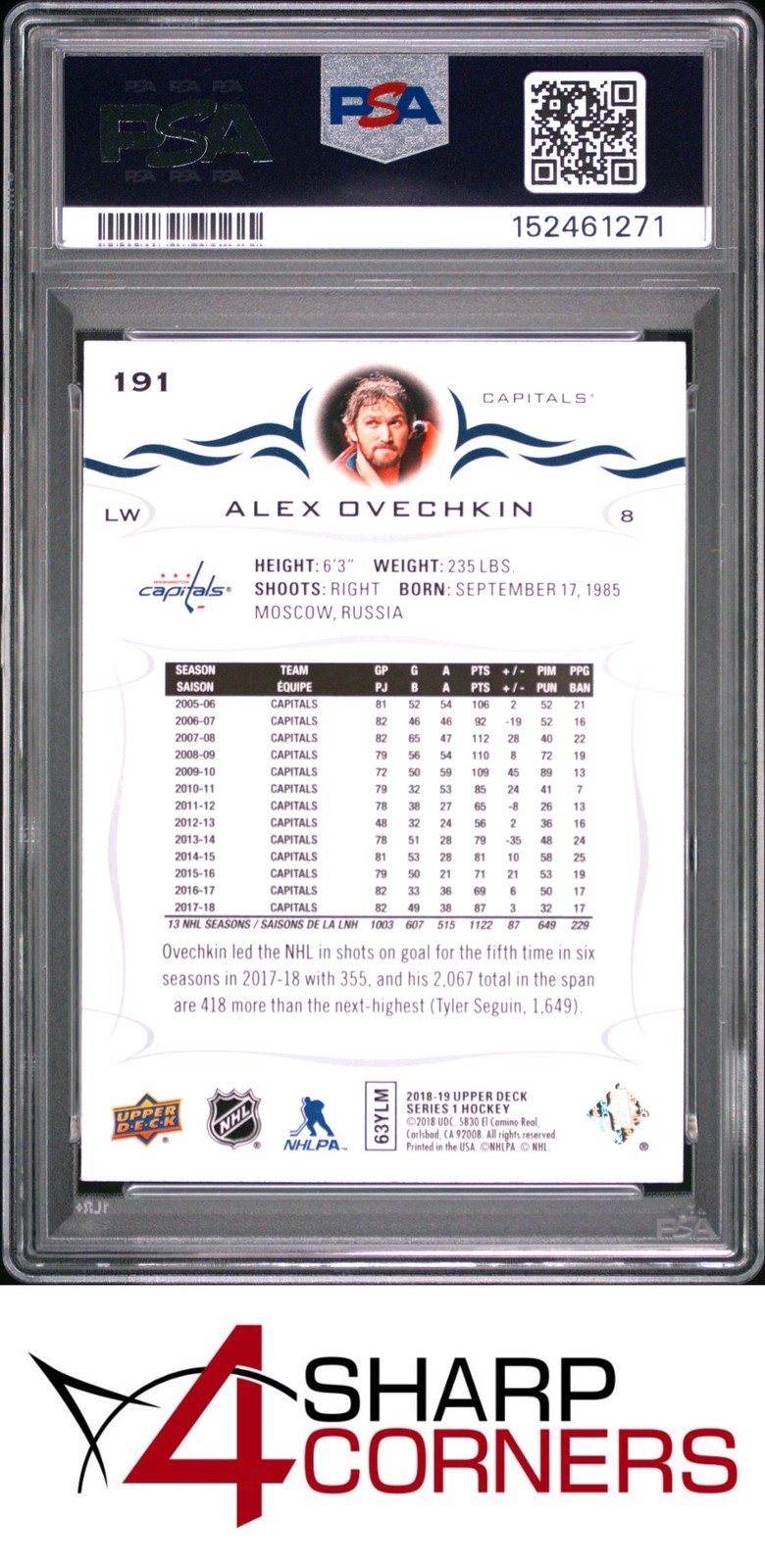 2018 UPPER DECK #191 ALEX OVECHKIN CAPITALS PSA 9 view 2