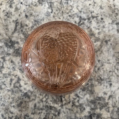Vintage Pink Depression Glass Covered Candy Trinket Dish with Love Birds on Lid