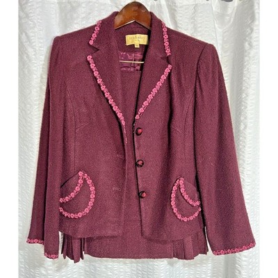 Bergamo Skirt Suit Set Women 10 Burgundy Pink Crochet Trim VTG Coquette Retro