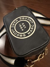 Marc Jacobs Signet Flash Black Smooth Leather Gold Strap Camera Crossbody Bag