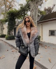 Luxury Women's Black Parka Jacket Natural Fox Fur Trim Hooded Winter Coat