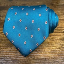 Christian Dior Mens Teal Blue Geometric Medallion Silk Tie Made in USA Italy