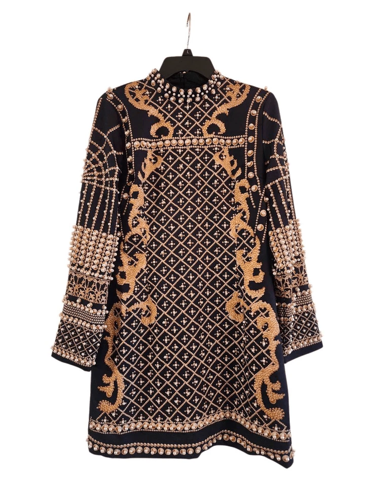 Women's fashion mock neck printed faux pearl beaded long sleeve size Large black - Image 3 of 4