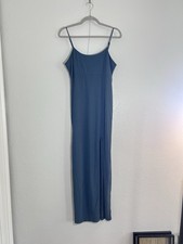 Blue Sleeveless Maxi Slip Dress Scoop Neck Side Slit Strappy Pullover Size