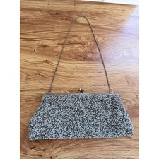 Vintage Silver Beaded Sequin Evening Clutch Bag Kiss Lock Chain Strap 1930s